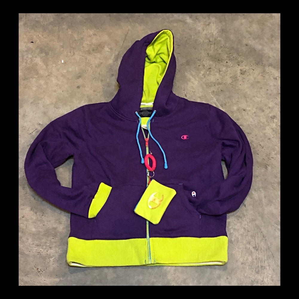 Champion hoodie woman’s bright purple and green.